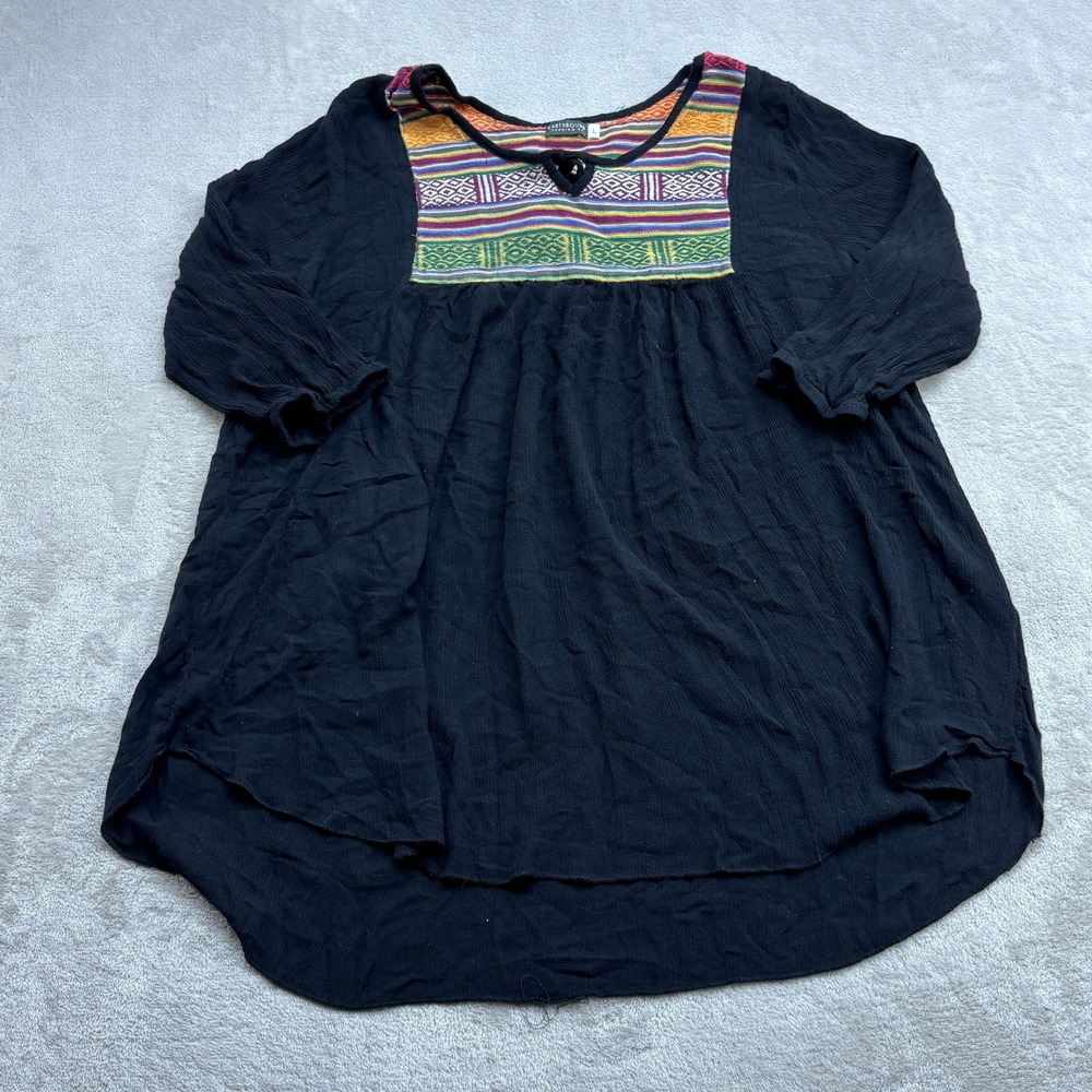 Earthbound Trading Co Tunic Top Womens L Black Embroidered Boho Gauze 3/4 Sleeve
